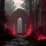 A cinematic shot of a long forgotten gothic ruins, where the forces of evil and good once battled. The picture was at twilight, with the suns rays casting long, macabre shadows, punctuated by sharp crepuscular rays breaking through the red mist. UHD wallpapers. Fantasy desktop backgrounds by Art by Innovation. Crumbled gothic arches in a dim forest, illuminated by eerie red glow along a stone path