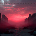 A cinematic shot of a long forgotten gothic ruins, where the forces of evil and good once battled. The picture was at twilight, with the suns rays casting long, macabre shadows, punctuated by sharp crepuscular rays breaking through the red mist. UHD wallpapers. Fantasy desktop backgrounds by Art by Innovation. Dim red sunset over a valley with tall stone pillars in mist.