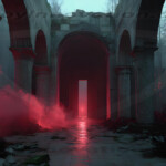 A cinematic shot of a long forgotten gothic ruins, where the forces of evil and good once battled. The picture was at twilight, with the suns rays casting long, macabre shadows, punctuated by sharp crepuscular rays breaking through the red mist. UHD wallpapers. Fantasy desktop backgrounds by Art by Innovation. Ruined stone arches of an ancient temple inside a foggy forest, with red mist and light streaming from a doorway in the distance.