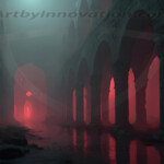 A cinematic shot of a long forgotten gothic ruins, where the forces of evil and good once battled. The picture was at twilight, with the suns rays casting long, macabre shadows, punctuated by sharp crepuscular rays breaking through the red mist. UHD wallpapers. Fantasy desktop backgrounds by Art by Innovation. A dark underground ruin with tall stone arches lit by eerie red light reflecting on a shallow water-filled floor