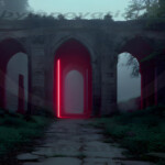 A cinematic shot of a long forgotten gothic ruins, where the forces of evil and good once battled. The picture was at twilight, with the suns rays casting long, macabre shadows, punctuated by sharp crepuscular rays breaking through the red mist. UHD wallpapers. Fantasy desktop backgrounds by Art by Innovation. Ancient stone arches in a dark forest with a glowing red neon doorway at the center, casting light on a stone path.