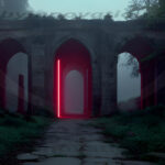 A cinematic shot of a long forgotten gothic ruins, where the forces of evil and good once battled. The picture was at twilight, with the suns rays casting long, macabre shadows, punctuated by sharp crepuscular rays breaking through the red mist. UHD wallpapers. Fantasy desktop backgrounds by Art by Innovation. Ancient stone arches in a dark forest with a glowing red neon doorway at the center, casting light on a stone path.