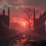 A cinematic shot of a long forgotten gothic ruins, where the forces of evil and good once battled. The picture was at twilight, with the suns rays casting long, macabre shadows, punctuated by sharp crepuscular rays breaking through the red mist. UHD wallpapers. Fantasy desktop backgrounds by Art by Innovation. Gothic ruin arches lining a muddy, waterlogged path at sunset; bare trees, red-pink sky, misty atmosphere, and a glowing sun near the horizon.