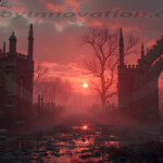 A cinematic shot of a long forgotten gothic ruins, where the forces of evil and good once battled. The picture was at twilight, with the suns rays casting long, macabre shadows, punctuated by sharp crepuscular rays breaking through the red mist. UHD wallpapers. Fantasy desktop backgrounds by Art by Innovation. Gothic ruin arches lining a muddy, waterlogged path at sunset; bare trees, red-pink sky, misty atmosphere, and a glowing sun near the horizon.