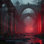 A cinematic shot of a long forgotten gothic ruins, where the forces of evil and good once battled. The picture was at twilight, with the suns rays casting long, macabre shadows, punctuated by sharp crepuscular rays breaking through the red mist. UHD wallpapers. Fantasy desktop backgrounds by Art by Innovation. Ruined colonnade with tall arches glowing crimson in a foggy, eerie scene at nightfall.