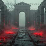 A cinematic shot of a long forgotten gothic ruins, where the forces of evil and good once battled. The picture was at twilight, with the suns rays casting long, macabre shadows, punctuated by sharp crepuscular rays breaking through the red mist. UHD wallpapers. Fantasy desktop backgrounds by Art by Innovation. Dark ancient stone ruin with arched columns and a central doorway, glowing red embers along the cracked path.