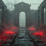 A cinematic shot of a long forgotten gothic ruins, where the forces of evil and good once battled. The picture was at twilight, with the suns rays casting long, macabre shadows, punctuated by sharp crepuscular rays breaking through the red mist. UHD wallpapers. Fantasy desktop backgrounds by Art by Innovation. Dark ancient stone ruin with arched columns and a central doorway, glowing red embers along the cracked path.