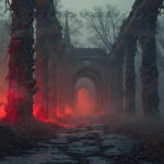 A cinematic shot of a long forgotten gothic ruins, where the forces of evil and good once battled. The picture was at twilight, with the suns rays casting long, macabre shadows, punctuated by sharp crepuscular rays breaking through the red mist. UHD wallpapers. Fantasy desktop backgrounds by Art by Innovation. Dark, misty forest with ancient stone arches lining a cracked path glowing red from fires at ground level, creating a sinister tunnel effect