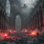 A cinematic shot of a long forgotten gothic ruins, where the forces of evil and good once battled. The picture was at twilight, with the suns rays casting long, macabre shadows, punctuated by sharp crepuscular rays breaking through the red mist. UHD wallpapers. Fantasy desktop backgrounds by Art by Innovation. Ruined stone cloister lined with columns, red torches along the ground, and smoke, leading to a distant archway.