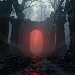 A cinematic shot of a long forgotten gothic ruins, where the forces of evil and good once battled. The picture was at twilight, with the suns rays casting long, macabre shadows, punctuated by sharp crepuscular rays breaking through the red mist. UHD wallpapers. Fantasy desktop backgrounds by Art by Innovation. Dark forest ruins with a glowing red archway in the center, misty and ominous.
