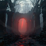 A cinematic shot of a long forgotten gothic ruins, where the forces of evil and good once battled. The picture was at twilight, with the suns rays casting long, macabre shadows, punctuated by sharp crepuscular rays breaking through the red mist. UHD wallpapers. Fantasy desktop backgrounds by Art by Innovation. Dark forest ruins with a glowing red archway in the center, misty and ominous.