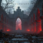 A cinematic shot of a long forgotten gothic ruins, where the forces of evil and good once battled. The picture was at twilight, with the suns rays casting long, macabre shadows, punctuated by sharp crepuscular rays breaking through the red mist. UHD wallpapers. Fantasy desktop backgrounds by Art by Innovation. Ruined stone arches glowing with red lights along a foggy, desolate courtyard path.