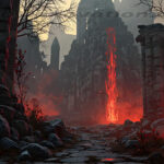 A cinematic shot of a long forgotten gothic ruins, where the forces of evil and good once battled. The picture was at twilight, with the suns rays casting long, macabre shadows, punctuated by sharp crepuscular rays breaking through the red mist. UHD wallpapers. Fantasy desktop backgrounds by Art by Innovation. Ancient ruin with lava cascading between broken stone columns and a fiery red glow.