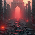 A cinematic shot of a long forgotten gothic ruins, where the forces of evil and good once battled. The picture was at twilight, with the suns rays casting long, macabre shadows, punctuated by sharp crepuscular rays breaking through the red mist. UHD wallpapers. Fantasy desktop backgrounds by Art by Innovation. A ruined stone avenue lined with tall pillars leading to a glowing red archway in a misty, eerie landscape.