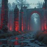 A cinematic shot of a long forgotten gothic ruins, where the forces of evil and good once battled. The picture was at twilight, with the suns rays casting long, macabre shadows, punctuated by sharp crepuscular rays breaking through the red mist. UHD wallpapers. Fantasy desktop backgrounds by Art by Innovation. Ruined stone colonnade lit by red lights along a mossy cobblestone path in a foggy ruin.