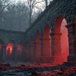 A cinematic shot of a long forgotten gothic ruins, where the forces of evil and good once battled. The picture was at twilight, with the suns rays casting long, macabre shadows, punctuated by sharp crepuscular rays breaking through the red mist. UHD wallpapers. Fantasy desktop backgrounds by Art by Innovation. Ancient stone arcade in a dark forest lit by a red glow through the arches