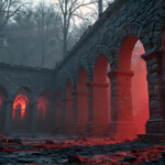 A cinematic shot of a long forgotten gothic ruins, where the forces of evil and good once battled. The picture was at twilight, with the suns rays casting long, macabre shadows, punctuated by sharp crepuscular rays breaking through the red mist. UHD wallpapers. Fantasy desktop backgrounds by Art by Innovation. Ancient stone arcade in a dark forest lit by a red glow through the arches