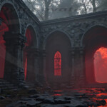 A cinematic shot of a long forgotten gothic ruins, where the forces of evil and good once battled. The picture was at twilight, with the suns rays casting long, macabre shadows, punctuated by sharp crepuscular rays breaking through the red mist. UHD wallpapers. Fantasy desktop backgrounds by Art by Innovation. Gothic ruin interior with red glowing light filtering through tall arched windows and crumbling stone columns.