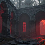 A cinematic shot of a long forgotten gothic ruins, where the forces of evil and good once battled. The picture was at twilight, with the suns rays casting long, macabre shadows, punctuated by sharp crepuscular rays breaking through the red mist. UHD wallpapers. Fantasy desktop backgrounds by Art by Innovation. Gothic ruin interior with red glowing light filtering through tall arched windows and crumbling stone columns.