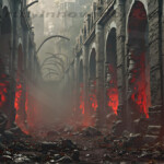 A cinematic shot of a long forgotten gothic ruins, where the forces of evil and good once battled. The picture was at twilight, with the suns rays casting long, macabre shadows, punctuated by sharp crepuscular rays breaking through the red mist. UHD wallpapers. Fantasy desktop backgrounds by Art by Innovation. Ruined stone colonnade with arches bathed in eerie red light and misty air.