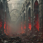A cinematic shot of a long forgotten gothic ruins, where the forces of evil and good once battled. The picture was at twilight, with the suns rays casting long, macabre shadows, punctuated by sharp crepuscular rays breaking through the red mist. UHD wallpapers. Fantasy desktop backgrounds by Art by Innovation. Ruined stone colonnade with arches bathed in eerie red light and misty air.