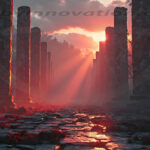 A cinematic shot of a long forgotten gothic ruins, where the forces of evil and good once battled. The picture was at twilight, with the suns rays casting long, macabre shadows, punctuated by sharp crepuscular rays breaking through the red mist. UHD wallpapers. Fantasy desktop backgrounds by Art by Innovation. Ruined stone columns line a sunlit path at sunset, with red light streaming between them and foggy scenery ahead.