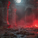 A cinematic shot of a long forgotten gothic ruins, where the forces of evil and good once battled. The picture was at twilight, with the suns rays casting long, macabre shadows, punctuated by sharp crepuscular rays breaking through the red mist. UHD wallpapers. Fantasy desktop backgrounds by Art by Innovation. Inside a ruined stone temple with tall columns, red glow and smoke, and rubble strewn across the floor.