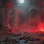 A cinematic shot of a long forgotten gothic ruins, where the forces of evil and good once battled. The picture was at twilight, with the suns rays casting long, macabre shadows, punctuated by sharp crepuscular rays breaking through the red mist. UHD wallpapers. Fantasy desktop backgrounds by Art by Innovation. Inside a ruined stone temple with tall columns, red glow and smoke, and rubble strewn across the floor.