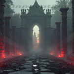 A cinematic shot of a long forgotten gothic ruins, where the forces of evil and good once battled. The picture was at twilight, with the suns rays casting long, macabre shadows, punctuated by sharp crepuscular rays breaking through the red mist. UHD wallpapers. Fantasy desktop backgrounds by Art by Innovation. Ruined stone corridor with tall weathered columns, red glowing lights, and a bright archway at the end.