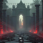 A cinematic shot of a long forgotten gothic ruins, where the forces of evil and good once battled. The picture was at twilight, with the suns rays casting long, macabre shadows, punctuated by sharp crepuscular rays breaking through the red mist. UHD wallpapers. Fantasy desktop backgrounds by Art by Innovation. Ruined stone corridor with tall weathered columns, red glowing lights, and a bright archway at the end.