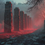 A cinematic shot of a long forgotten gothic ruins, where the forces of evil and good once battled. The picture was at twilight, with the suns rays casting long, macabre shadows, punctuated by sharp crepuscular rays breaking through the red mist. UHD wallpapers. Fantasy desktop backgrounds by Art by Innovation. Row of tall stone pillars lining a rocky path, with red fog and dark trees creating an eerie, atmospheric scene.