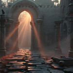 A cinematic shot of a long forgotten gothic ruins, where the forces of evil and good once battled. The picture was at twilight, with the suns rays casting long, macabre shadows, punctuated by sharp crepuscular rays breaking through the red mist. UHD wallpapers. Fantasy desktop backgrounds by Art by Innovation. Ancient ruined hall with tall stone columns, a sunbeam through an arched doorway, and a cracked stone path; red glow on the right side.