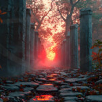 A cinematic shot of a long forgotten gothic ruins, where the forces of evil and good once battled. The picture was at twilight, with the suns rays casting long, macabre shadows, punctuated by sharp crepuscular rays breaking through the red mist. UHD wallpapers. Fantasy desktop backgrounds by Art by Innovation. Stone column walkway in a forest, with a fiery red glow at the far end.