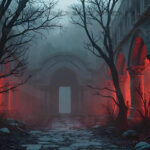 A cinematic shot of a long forgotten gothic ruins, where the forces of evil and good once battled. The picture was at twilight, with the suns rays casting long, macabre shadows, punctuated by sharp crepuscular rays breaking through the red mist. UHD wallpapers. Fantasy desktop backgrounds by Art by Innovation. Ruined stone cloister with arches and red lighting, leafless trees, and a doorway in the distance.