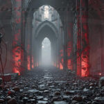 A cinematic shot of a long forgotten gothic ruins, where the forces of evil and good once battled. The picture was at twilight, with the suns rays casting long, macabre shadows, punctuated by sharp crepuscular rays breaking through the red mist. UHD wallpapers. Fantasy desktop backgrounds by Art by Innovation. Gothic ruin hall with tall arches, crimson uplighting on stone pillars, tangled vines, and a foggy path receding toward a distant arch.