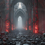 A cinematic shot of a long forgotten gothic ruins, where the forces of evil and good once battled. The picture was at twilight, with the suns rays casting long, macabre shadows, punctuated by sharp crepuscular rays breaking through the red mist. UHD wallpapers. Fantasy desktop backgrounds by Art by Innovation. Gothic ruin hall with tall arches, crimson uplighting on stone pillars, tangled vines, and a foggy path receding toward a distant arch.