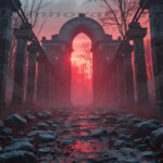 A cinematic shot of a long forgotten gothic ruins, where the forces of evil and good once battled. The picture was at twilight, with the suns rays casting long, macabre shadows, punctuated by sharp crepuscular rays breaking through the red mist. UHD wallpapers. Fantasy desktop backgrounds by Art by Innovation. Ruins of a stone colonnade in a foggy forest at sunset, with a glowing red light at a distant archway and a rocky, puddled path.