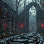 A cinematic shot of a long forgotten gothic ruins, where the forces of evil and good once battled. The picture was at twilight, with the suns rays casting long, macabre shadows, punctuated by sharp crepuscular rays breaking through the red mist. UHD wallpapers. Fantasy desktop backgrounds by Art by Innovation. Foggy ancient stone colonnade with crumbling arches and red lanterns along a cracked cobblestone path in a forest ruin.