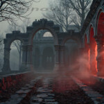 A cinematic shot of a long forgotten gothic ruins, where the forces of evil and good once battled. The picture was at twilight, with the suns rays casting long, macabre shadows, punctuated by sharp crepuscular rays breaking through the red mist. UHD wallpapers. Fantasy desktop backgrounds by Art by Innovation. Ruined stone arcade with arches, a red glow from the walls, and fog along a cobblestone path.