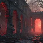 A cinematic shot of a long forgotten gothic ruins, where the forces of evil and good once battled. The picture was at twilight, with the suns rays casting long, macabre shadows, punctuated by sharp crepuscular rays breaking through the red mist. UHD wallpapers. Fantasy desktop backgrounds by Art by Innovation. Dark ruined Gothic hall with tall arches and red glow streaming through archways.