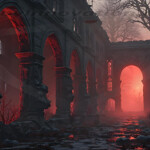 A cinematic shot of a long forgotten gothic ruins, where the forces of evil and good once battled. The picture was at twilight, with the suns rays casting long, macabre shadows, punctuated by sharp crepuscular rays breaking through the red mist. UHD wallpapers. Fantasy desktop backgrounds by Art by Innovation. Dark ruined Gothic hall with tall arches and red glow streaming through archways.