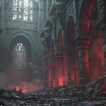 A cinematic shot of a long forgotten gothic ruins, where the forces of evil and good once battled. The picture was at twilight, with the suns rays casting long, macabre shadows, punctuated by sharp crepuscular rays breaking through the red mist. UHD wallpapers. Fantasy desktop backgrounds by Art by Innovation. Ruined cathedral interior with towering stone arches, red lighting, and smoke-filled rubble-strewn floor.