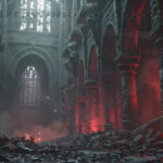 A cinematic shot of a long forgotten gothic ruins, where the forces of evil and good once battled. The picture was at twilight, with the suns rays casting long, macabre shadows, punctuated by sharp crepuscular rays breaking through the red mist. UHD wallpapers. Fantasy desktop backgrounds by Art by Innovation. Ruined cathedral interior with towering stone arches, red lighting, and smoke-filled rubble-strewn floor.