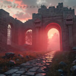 A cinematic shot of a long forgotten gothic ruins, where the forces of evil and good once battled. The picture was at twilight, with the suns rays casting long, macabre shadows, punctuated by sharp crepuscular rays breaking through the red mist. UHD wallpapers. Fantasy desktop backgrounds by Art by Innovation. Ruined stone archway and crumbling walls at sunset, a mossy cobblestone path leading toward the glowing gate.
