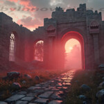 A cinematic shot of a long forgotten gothic ruins, where the forces of evil and good once battled. The picture was at twilight, with the suns rays casting long, macabre shadows, punctuated by sharp crepuscular rays breaking through the red mist. UHD wallpapers. Fantasy desktop backgrounds by Art by Innovation. Ruined stone archway and crumbling walls at sunset, a mossy cobblestone path leading toward the glowing gate.