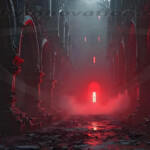 A cinematic shot of a long forgotten gothic ruins, where the forces of evil and good once battled. The picture was at twilight, with the suns rays casting long, macabre shadows, punctuated by sharp crepuscular rays breaking through the red mist. UHD wallpapers. Fantasy desktop backgrounds by Art by Innovation. Dim ancient cathedral ruin with red fog and a glowing arched window at the far end in the distance.