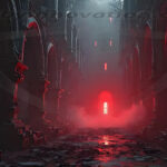 A cinematic shot of a long forgotten gothic ruins, where the forces of evil and good once battled. The picture was at twilight, with the suns rays casting long, macabre shadows, punctuated by sharp crepuscular rays breaking through the red mist. UHD wallpapers. Fantasy desktop backgrounds by Art by Innovation. Dim ancient cathedral ruin with red fog and a glowing arched window at the far end in the distance.