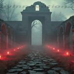 A cinematic shot of a long forgotten gothic ruins, where the forces of evil and good once battled. The picture was at twilight, with the suns rays casting long, macabre shadows, punctuated by sharp crepuscular rays breaking through the red mist. UHD wallpapers. Fantasy desktop backgrounds by Art by Innovation. Stone colonnade with red lanterns along a cobblestone path leading to a ruined archway in a foggy forest setting