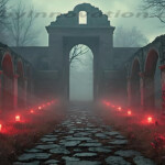 A cinematic shot of a long forgotten gothic ruins, where the forces of evil and good once battled. The picture was at twilight, with the suns rays casting long, macabre shadows, punctuated by sharp crepuscular rays breaking through the red mist. UHD wallpapers. Fantasy desktop backgrounds by Art by Innovation. Stone colonnade with red lanterns along a cobblestone path leading to a ruined archway in a foggy forest setting