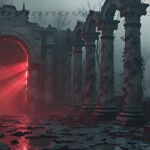 A cinematic shot of a long forgotten gothic ruins, where the forces of evil and good once battled. The picture was at twilight, with the suns rays casting long, macabre shadows, punctuated by sharp crepuscular rays breaking through the red mist. UHD wallpapers. Fantasy desktop backgrounds by Art by Innovation. Ruined arches and ivy-clad columns with a red beam of light shining through an arched doorway in a misty ruin scene.